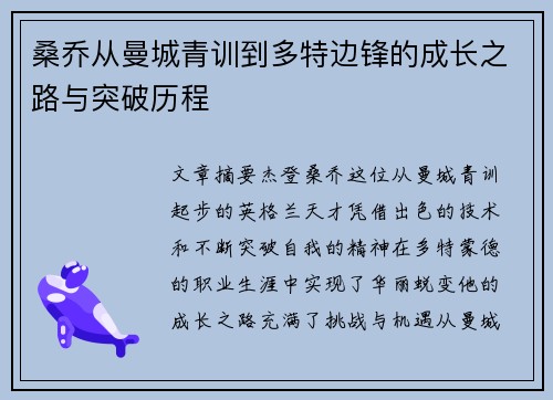 桑乔从曼城青训到多特边锋的成长之路与突破历程