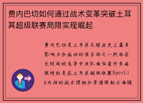 费内巴切如何通过战术变革突破土耳其超级联赛局限实现崛起