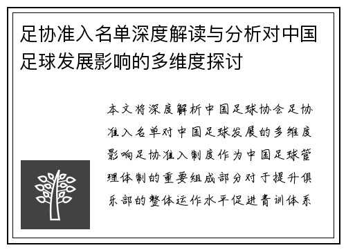足协准入名单深度解读与分析对中国足球发展影响的多维度探讨 足协准入名单深度解读与分析对中国足球发展影响的多维度探讨